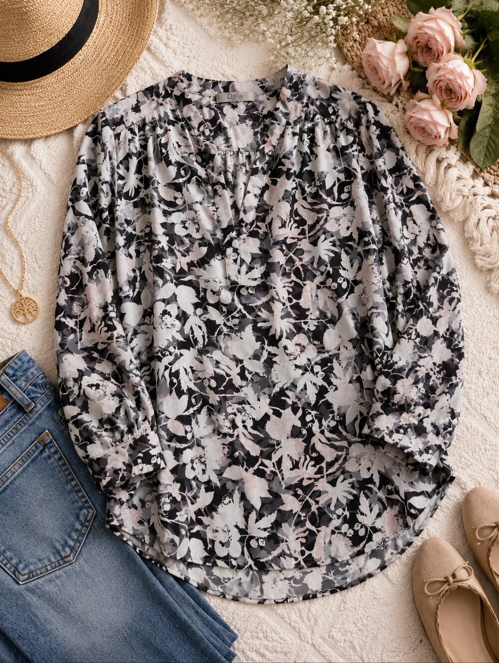 Dalia Collection Floral Blouse Black Pink Gray 3/4 Sleeve Tunic Top